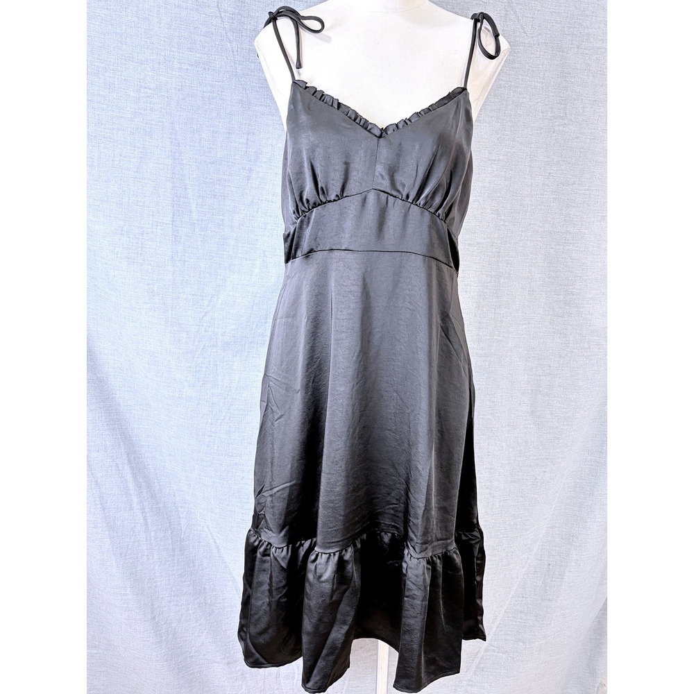 Nine West Black Satin Midi Dress Ruffle V-Neck Empire Waist Tiered Hem Size - Picture 2 of 10